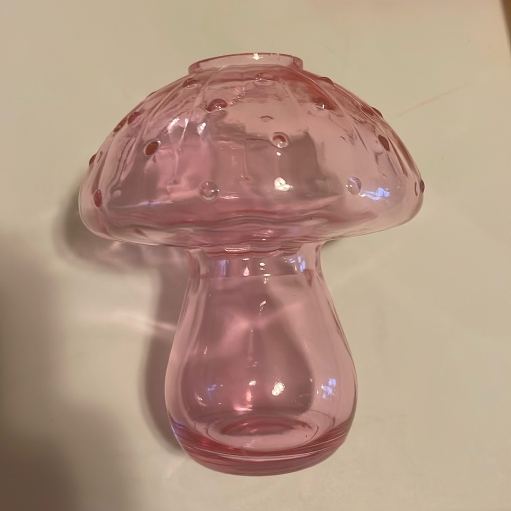 Mushroom shaped glass pink flower vase